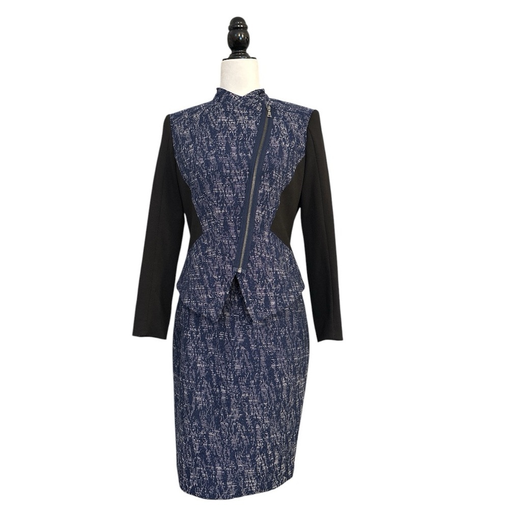 Tahari Navy Patterned Blazer Jacket with Black Sleeves